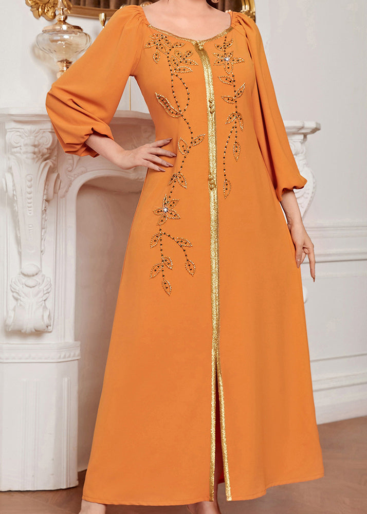 Orange Square Collar Embroideried Lace Patchwork Silk Maxi Vacation Dresses Long Sleeve