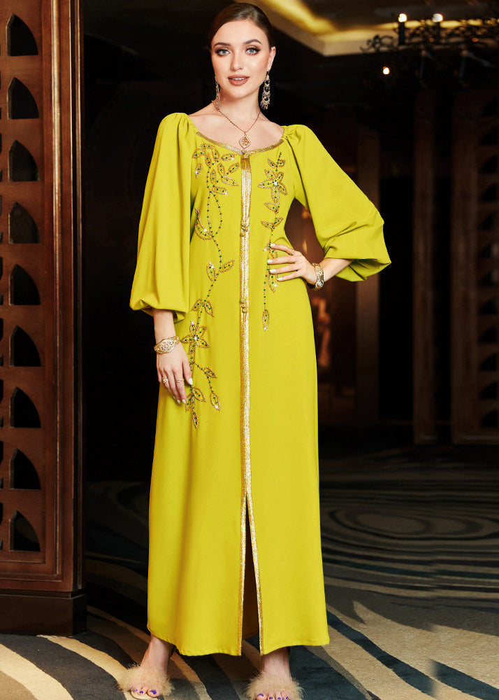 Orange Square Collar Embroideried Lace Patchwork Silk Maxi Vacation Dresses Long Sleeve