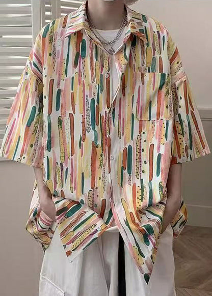 Orange Striped Pockets Cotton Shirts Half Sleeve
