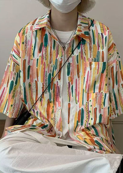 Orange Striped Pockets Cotton Shirts Half Sleeve