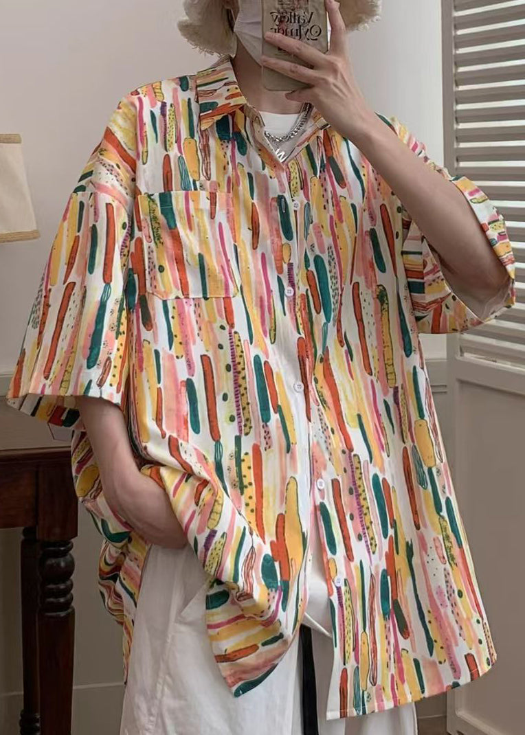Orange Striped Pockets Cotton Shirts Half Sleeve