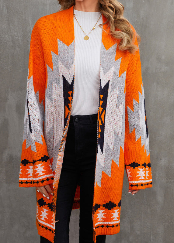 Orange V Neck Patchwork Knit Cardigan Fall