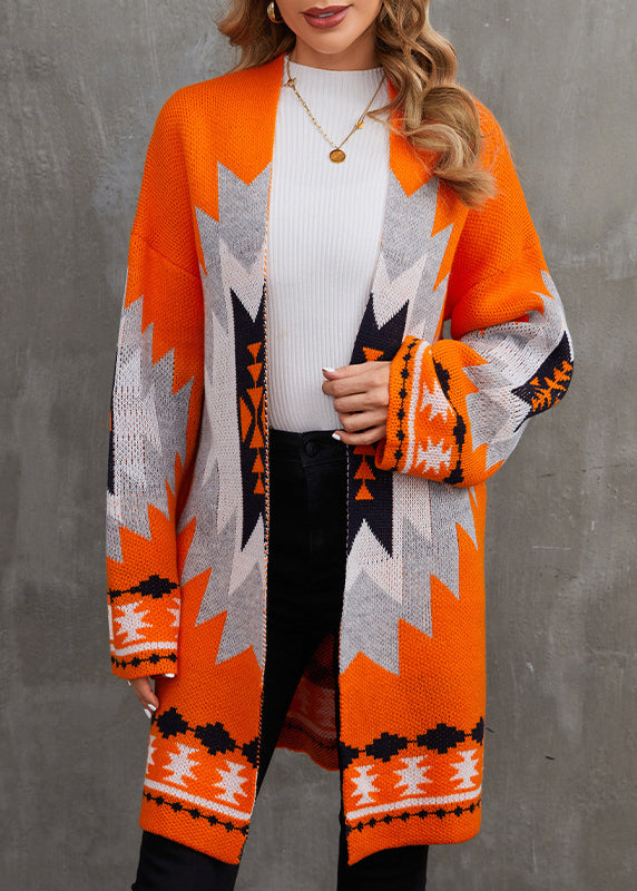 Orange V Neck Patchwork Knit Cardigan Fall
