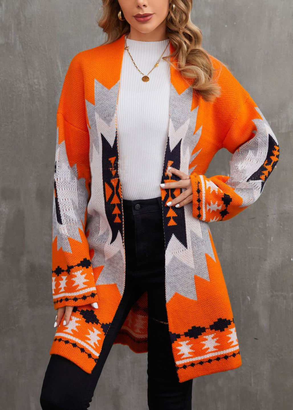 Orange V Neck Patchwork Knit Cardigan Fall
