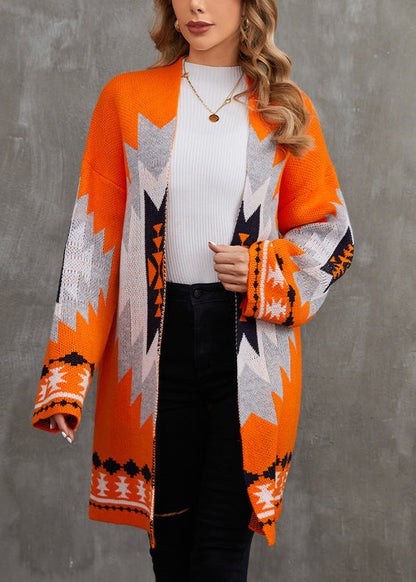 Orange V Neck Patchwork Knit Cardigan Fall