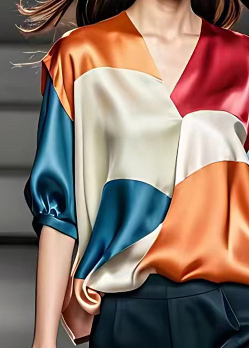 Orange V Neck Patchwork Silk Blouse Half Sleeve