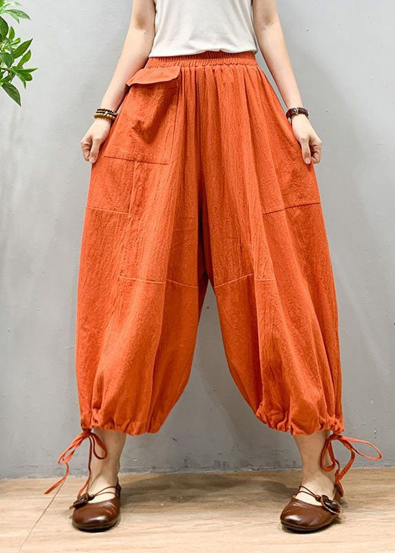 Orange Wrinkled Drawstring Patchwork Linen Lantern Pants Summer