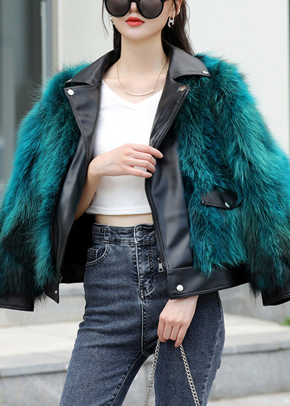 Peacock Blue Pockets Leather and Fur Jacket Long Sleeve