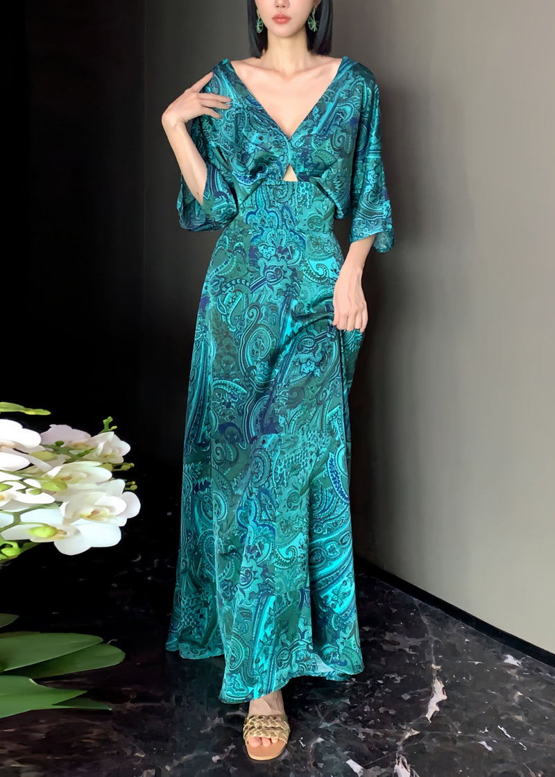 Peacock Blue V Neck Print Satin Maxi Dress Short Sleeve