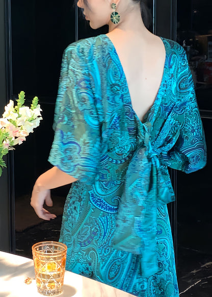 Peacock Blue V Neck Print Satin Maxi Dress Short Sleeve