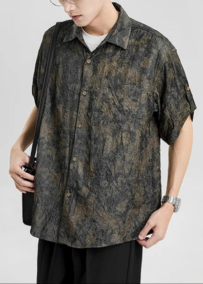 Peter Pan Collar Print Button Silk Shirts Half Sleeve