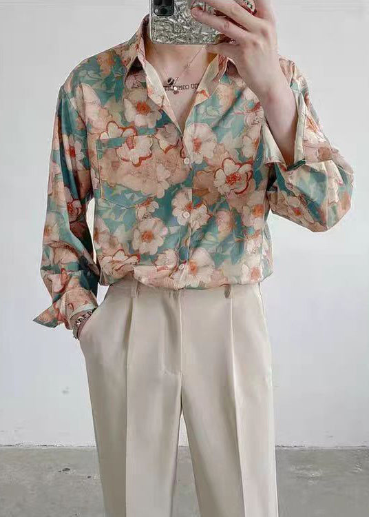 Peter Pan Collar Print Ice Silk Shirt Long Sleeve