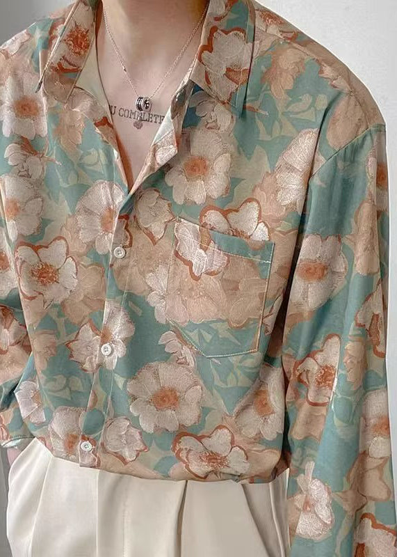 Peter Pan Collar Print Ice Silk Shirt Long Sleeve