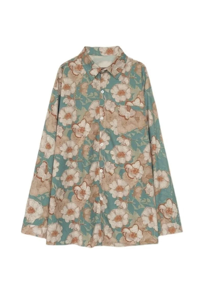Peter Pan Collar Print Ice Silk Shirt Long Sleeve