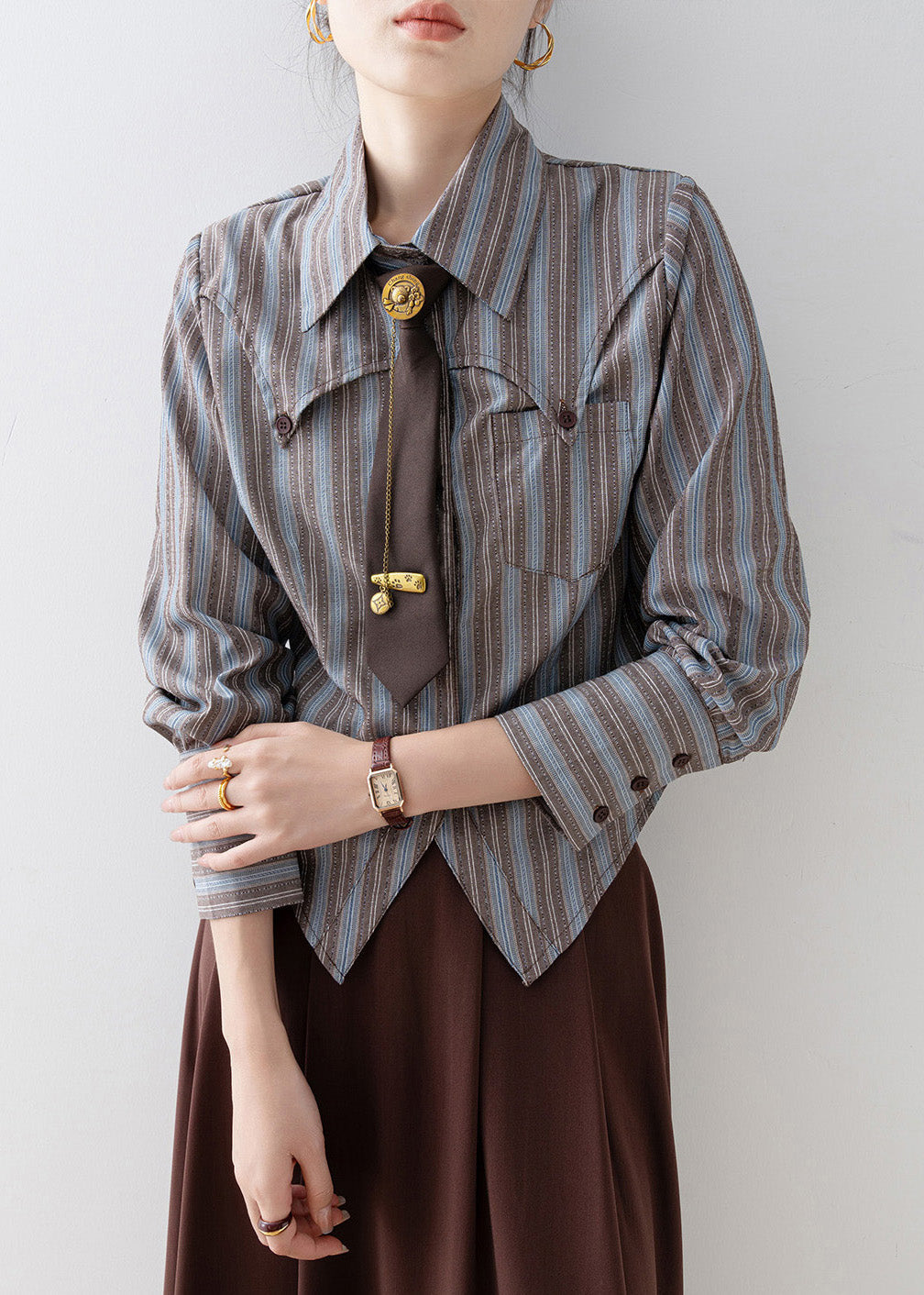 Chic Peter Pan Collar Striped Cotton Shirts Top Spring