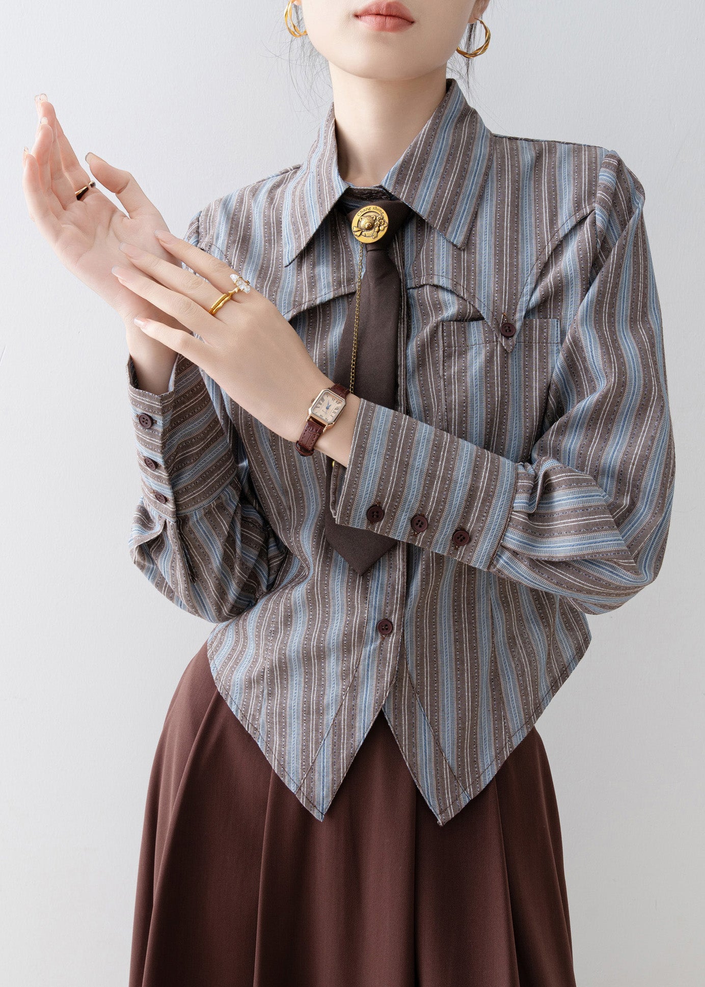 Chic Peter Pan Collar Striped Cotton Shirts Top Spring