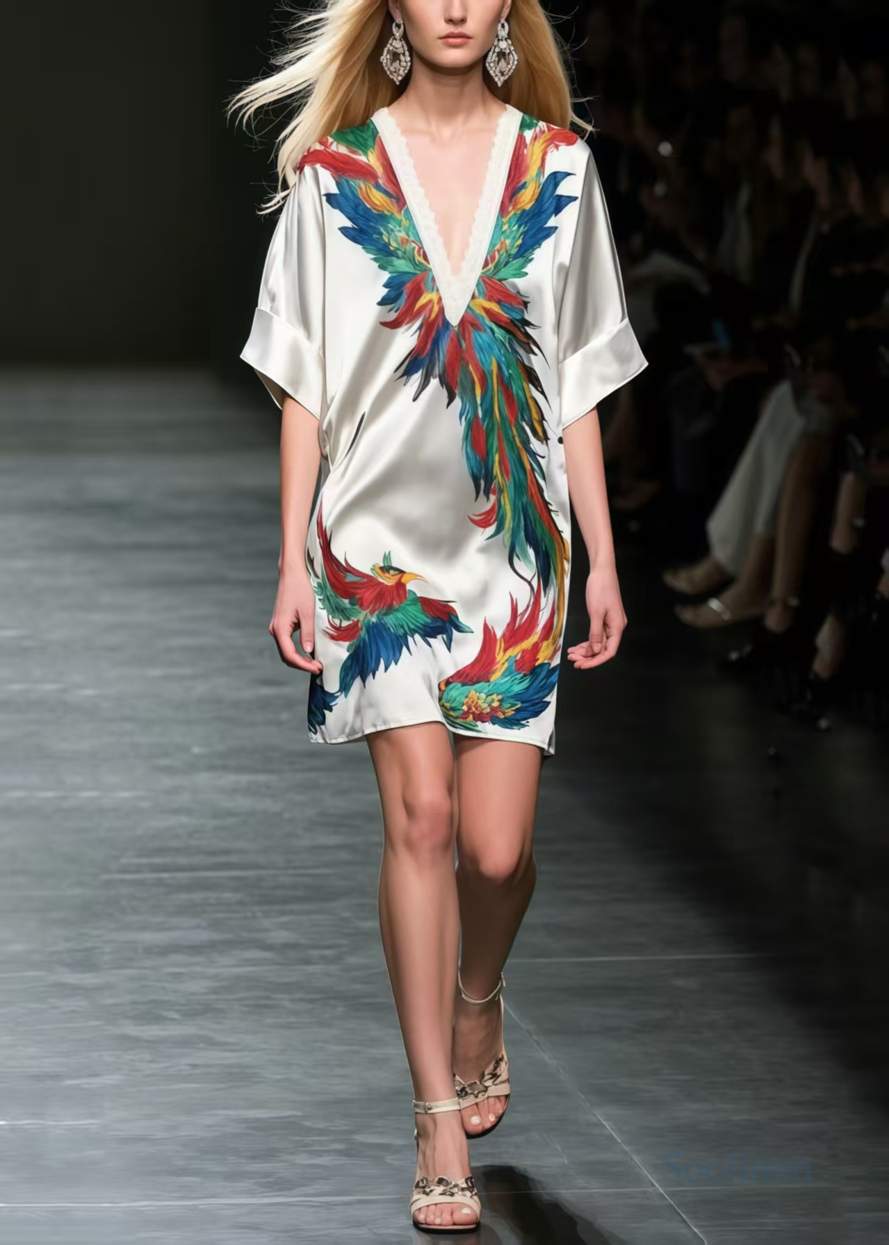 Phoenix Print Silk Mid Dress Summer