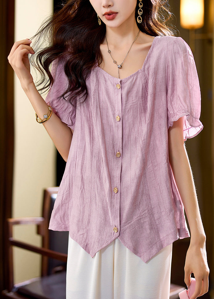 Pink Asymmetrical Button Chiffon Shirt Short Sleeve