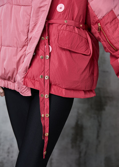 Pink Asymmetrical Patchwork Lace Up Fine Cotton Filled Parka Jacket Winter