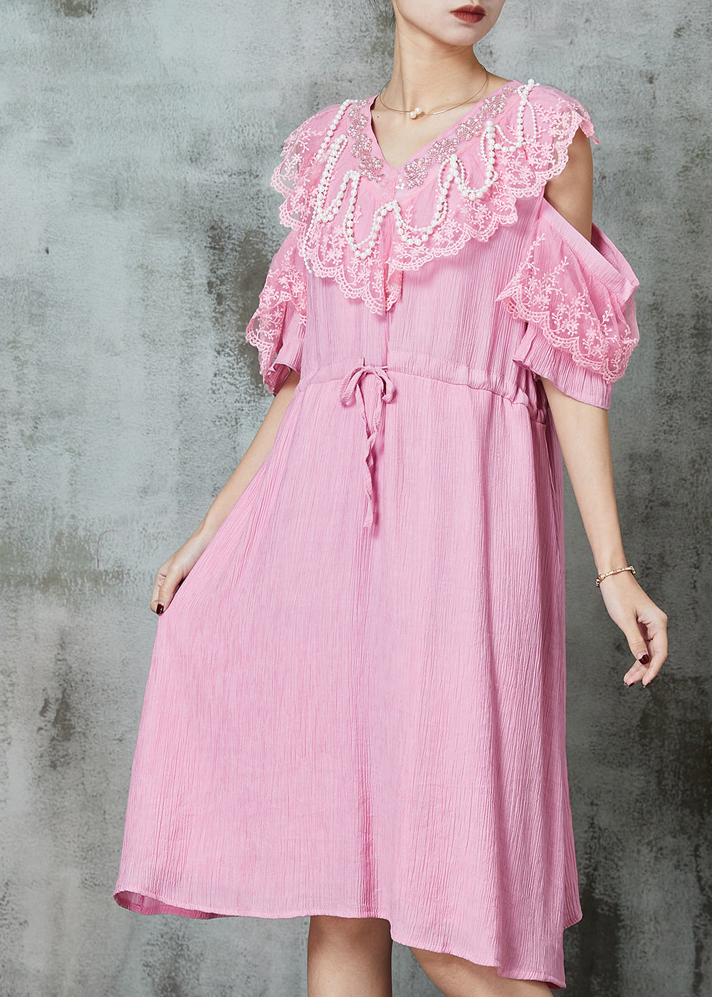 Pink Cold Shoulder Patchwork Chiffon Holiday Dress Summer