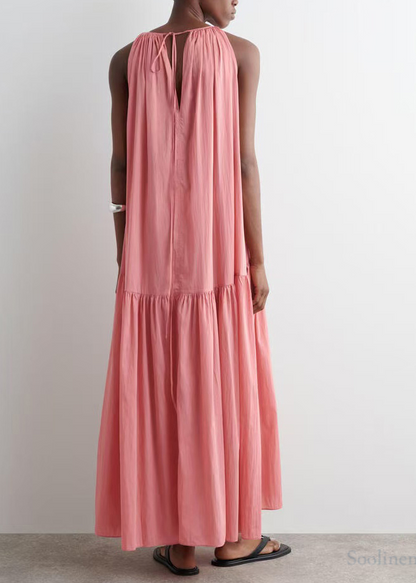 Pink Cold Shoulder Wrinkled Cotton Sundresses Summer