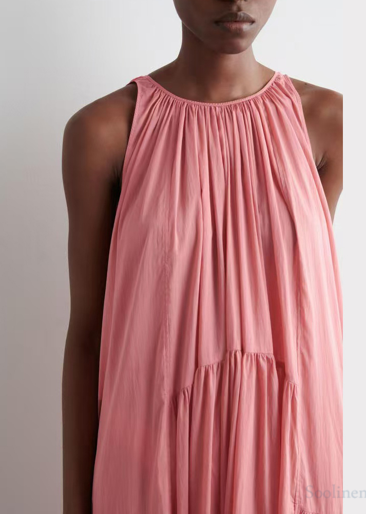 Pink Cold Shoulder Wrinkled Cotton Sundresses Summer