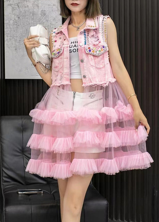 Pink Denim Waistcoat Patchwork Tulle Mid Dresses Sleeveless