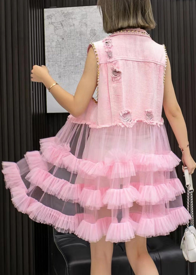 Pink Denim Waistcoat Patchwork Tulle Mid Dresses Sleeveless