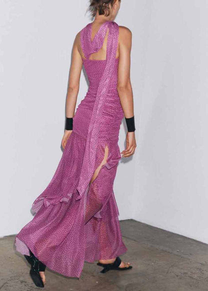 Pink Dot Wrinkled Side Open Tulle Long Dresses Sleeveless