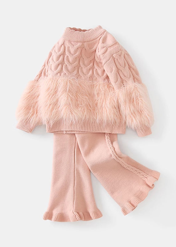Pink Fuzzy Fur Fluffy Patchwork Cotton Knit Kids Sweaters and Pants Two Pieces Set Winter