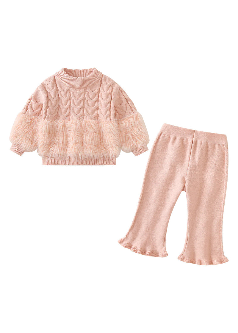 Pink Fuzzy Fur Fluffy Patchwork Cotton Knit Kids Sweaters and Pants Two Pieces Set Winter