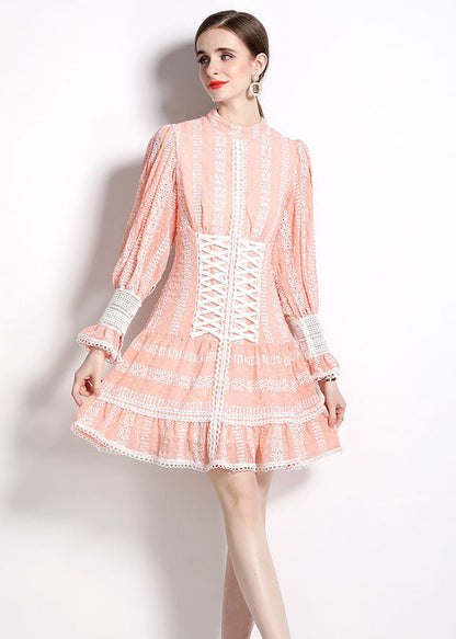 Pink Hollow Out Embroideried Patchwork Chiffon Mid Dress Puff Sleeve