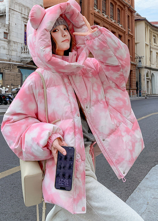Pink Hooded Tie Dye Fine Cotton Filled Jackets Winter