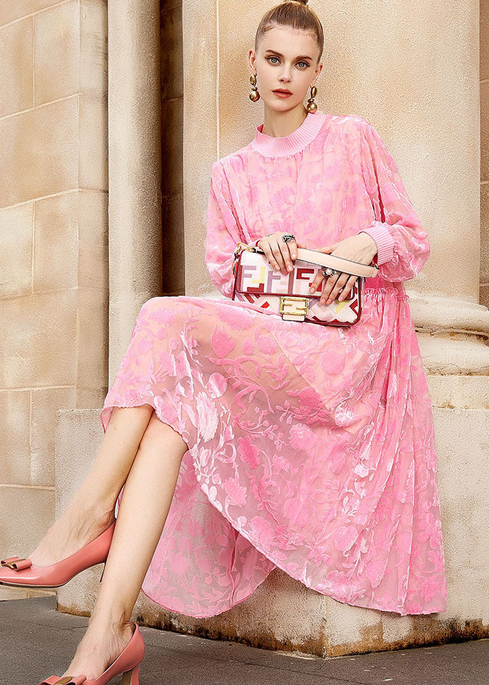 Pink O-neck Embroidered Patchwork Wrinkled Silk Velour Long Dresses Long Sleeve