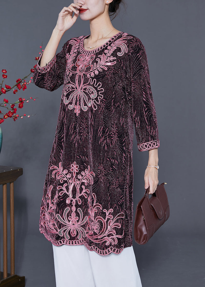 Pink O-neck Embroideried Silk Vacation Dresses Bracelet Sleeve