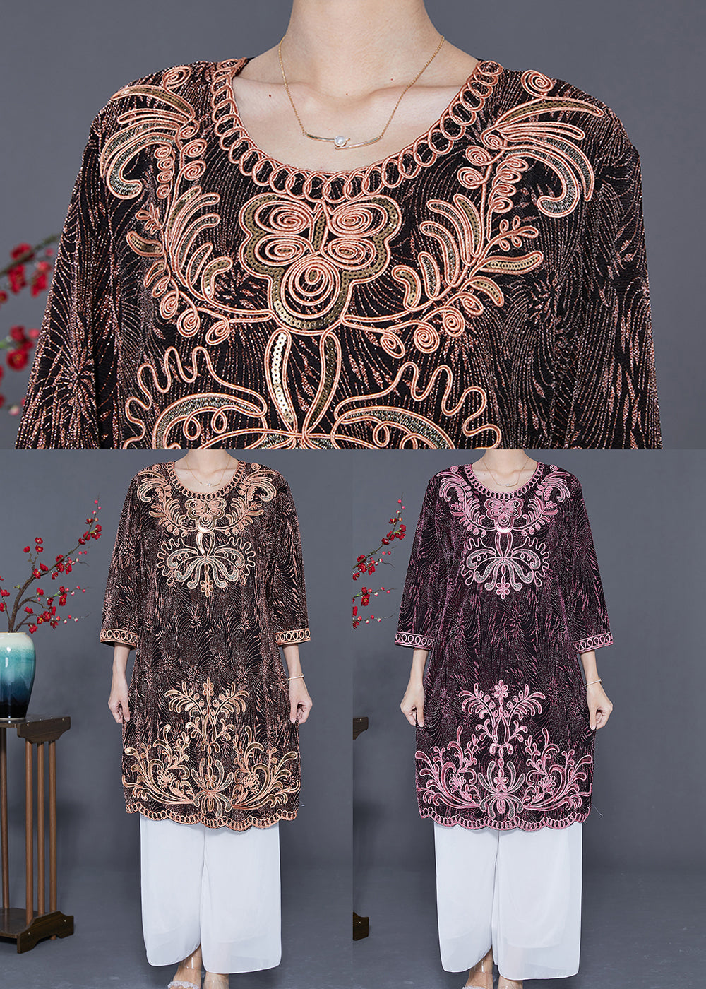 Pink O-neck Embroideried Silk Vacation Dresses Bracelet Sleeve