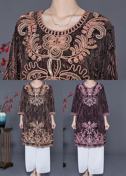 Pink O-neck Embroideried Silk Vacation Dresses Bracelet Sleeve
