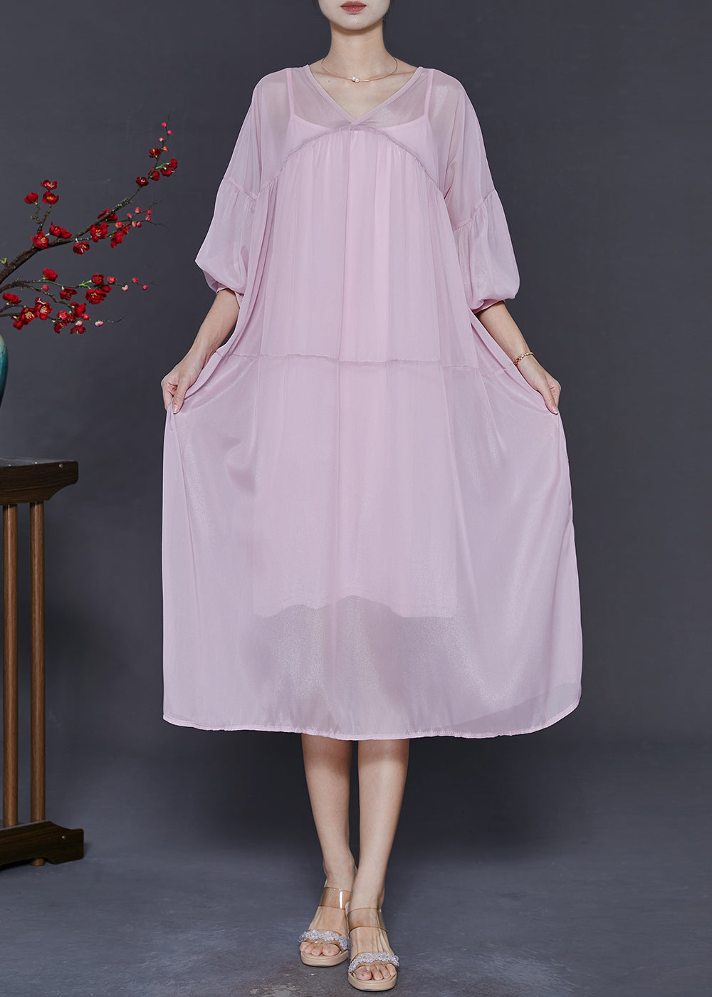Pink Oversized Draping Chiffon Dresses Two Piece Set Summer