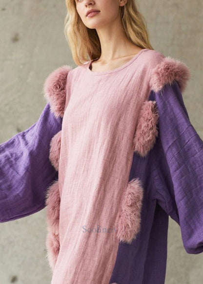 Pink Oversized Patchwork Faux Fur Cotton Party Dress Lantern Sleeve
