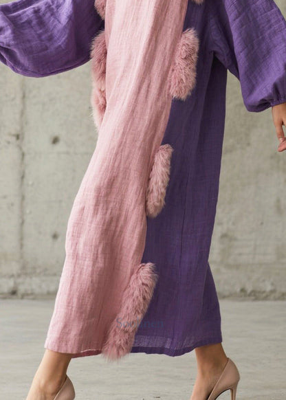 Pink Oversized Patchwork Faux Fur Cotton Party Dress Lantern Sleeve