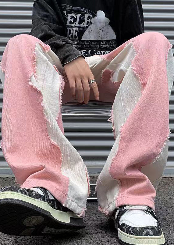 Pink Rough Edge Patchwork Denim Pants Fall