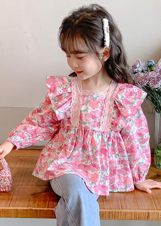 Pink Ruffled Button Print Cotton Shirt Long Sleeve