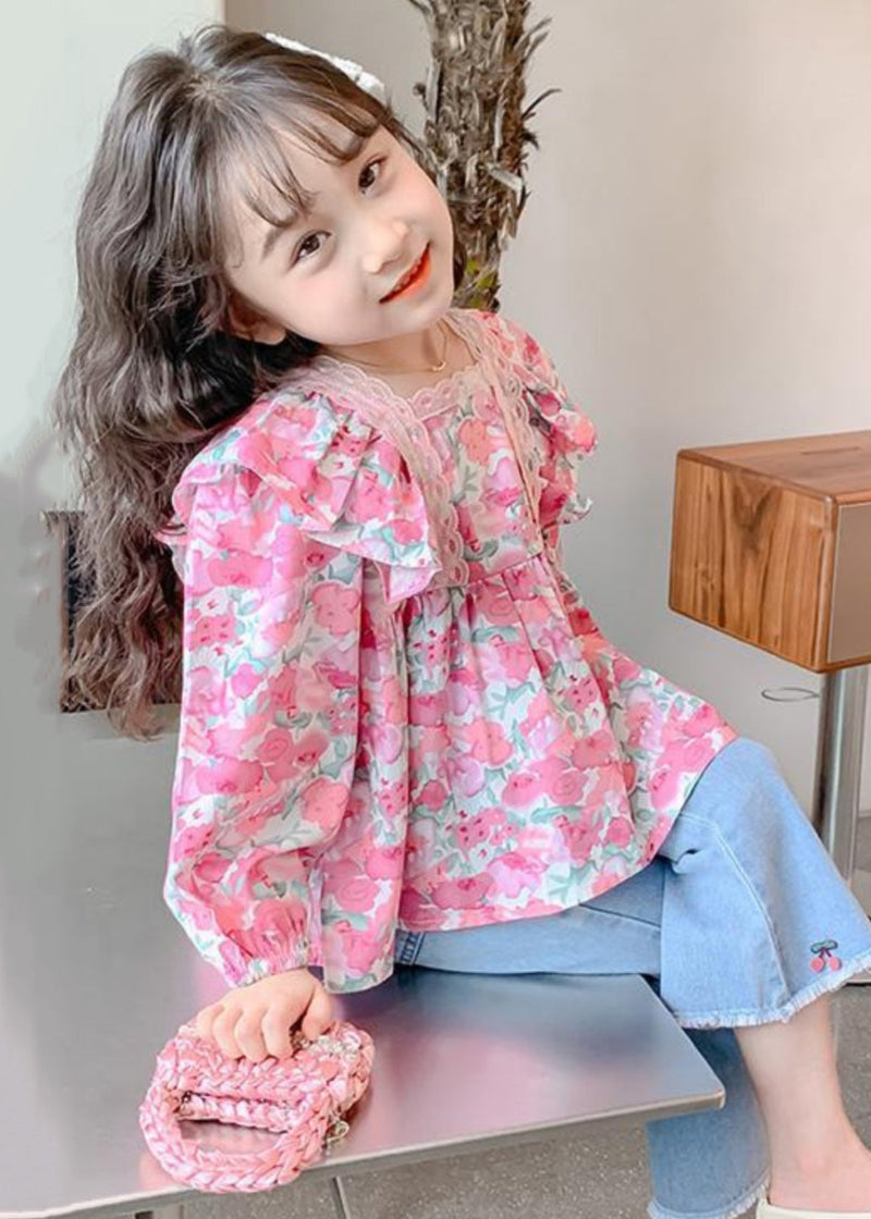 Pink Ruffled Button Print Cotton Shirt Long Sleeve