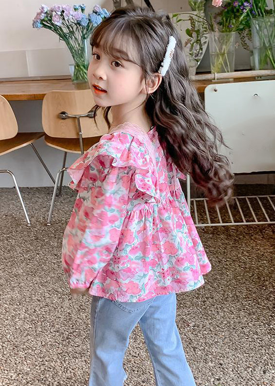 Pink Ruffled Button Print Cotton Shirt Long Sleeve
