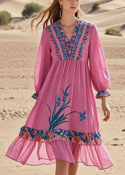 Pink Ruffled Patchwork Cotton Tea Dress Spring