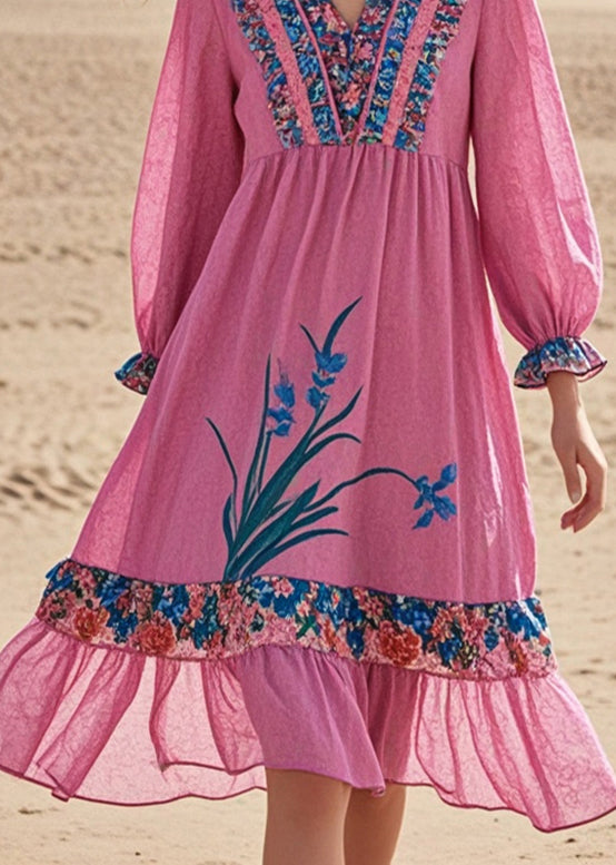 Pink Ruffled Patchwork Cotton Tea Dress Spring