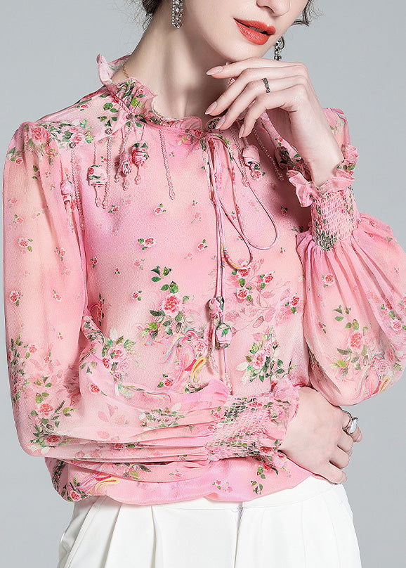 Pink Ruffled Print Tassel Neck Tiie Silk Shirt Long Sleeve