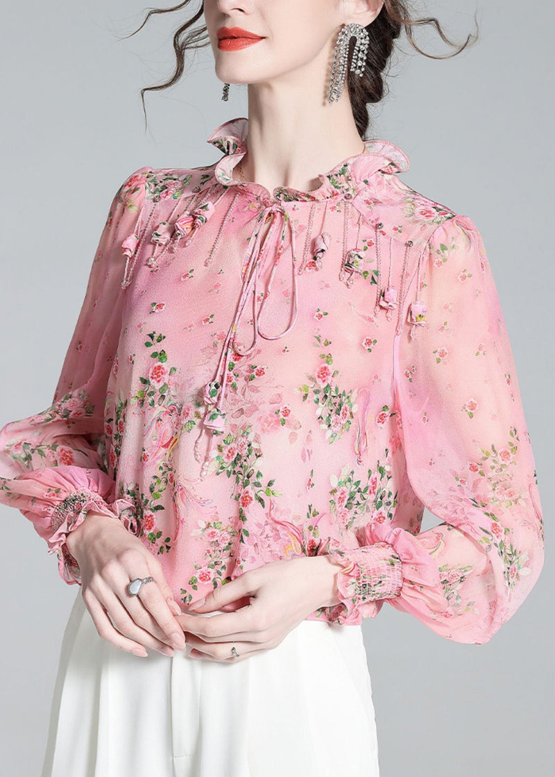 Pink Ruffled Print Tassel Neck Tiie Silk Shirt Long Sleeve