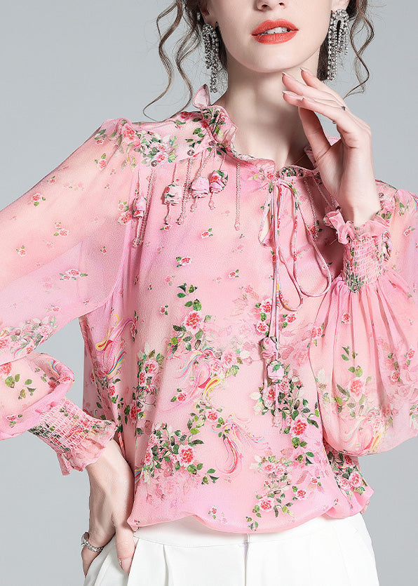 Pink Ruffled Print Tassel Neck Tiie Silk Shirt Long Sleeve