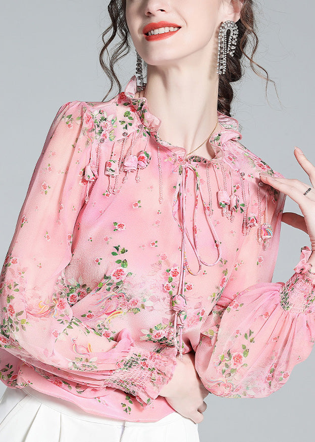 Pink Ruffled Print Tassel Neck Tiie Silk Shirt Long Sleeve